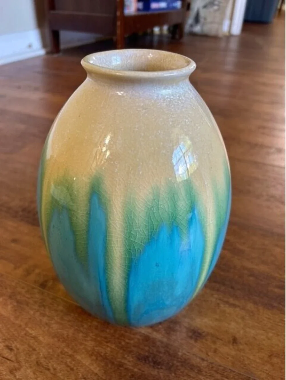 Handcrafted Ceramic Vase with Blue and Beige Glaze